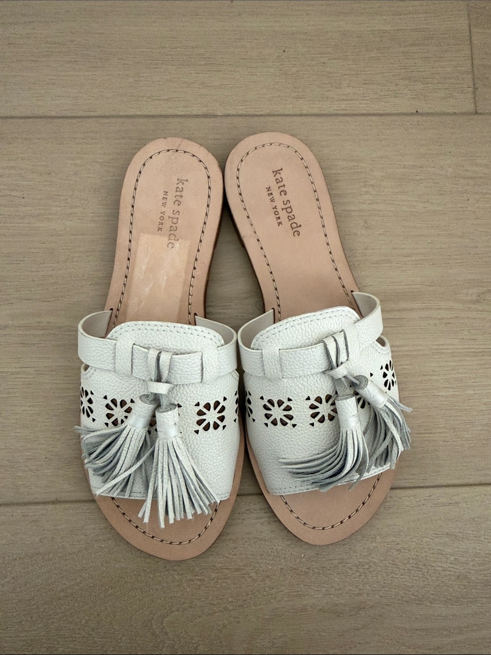 kate spade White Leather Tassel Slide Mules